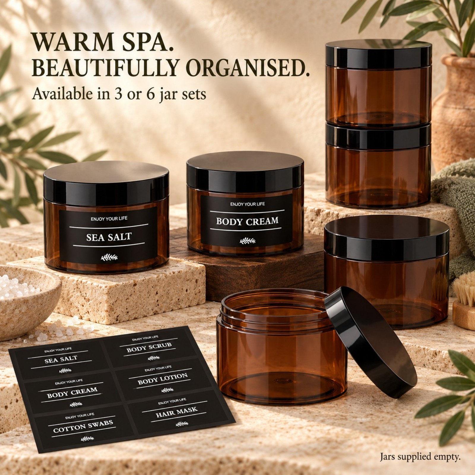 Hair Care - 3 adet etiketli banyo saklama kavanozu,